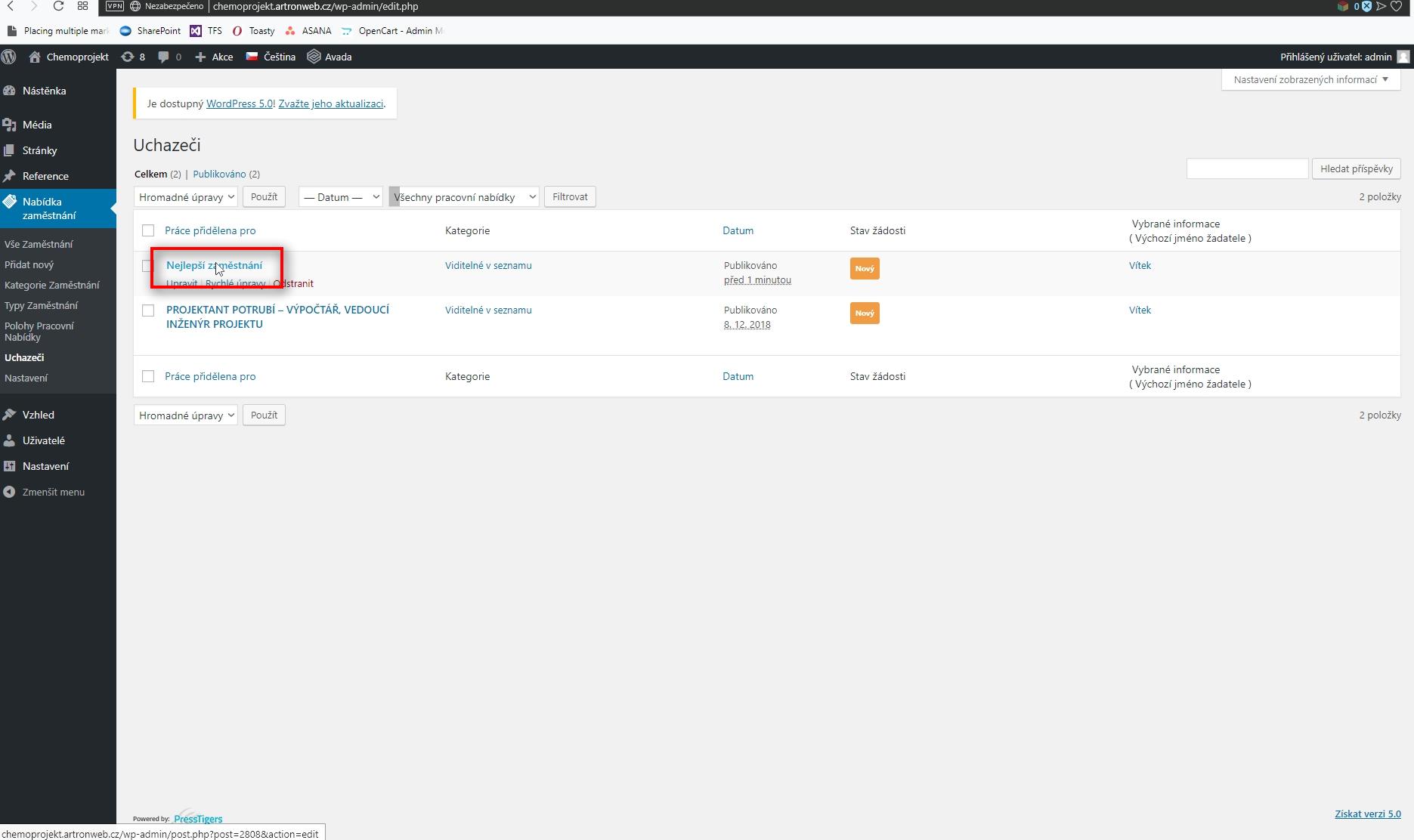 Seznam poptávek
 Všechny poptávky od zájemců o práci jsou ochovány v administraci stránek. V levém menu najeďte na Nabídka zaměstnání a následně klikněte na Uchazeči.
Uvidíte seznam všech poptávek.
Kliknutím na název pracovní pozice se dostanete na detail.
Kolegům z HR by v současné době přišel email s informací, že někdo poslal informace k dané pozici. Samotné informace, které vyplnil, však emailem nepříjdou. Jsou vidět pouze v administraci.